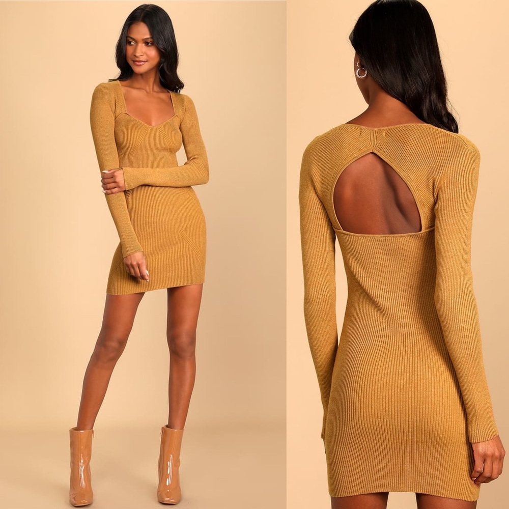 NWT! Lulu’s Fresh Trends Camel Ribbed Cutout Bodycon Sweater Dress Large Brown